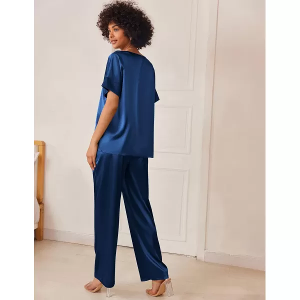 Ekouaer Satin Pajama Set Womens Silk Short Sleeve V Neck Shirt with Long Pant Soft Loungewear Pjs SetNavy Blue