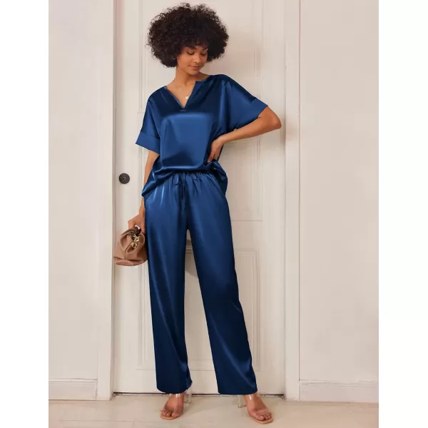 Ekouaer Satin Pajama Set Womens Silk Short Sleeve V Neck Shirt with Long Pant Soft Loungewear Pjs SetNavy Blue