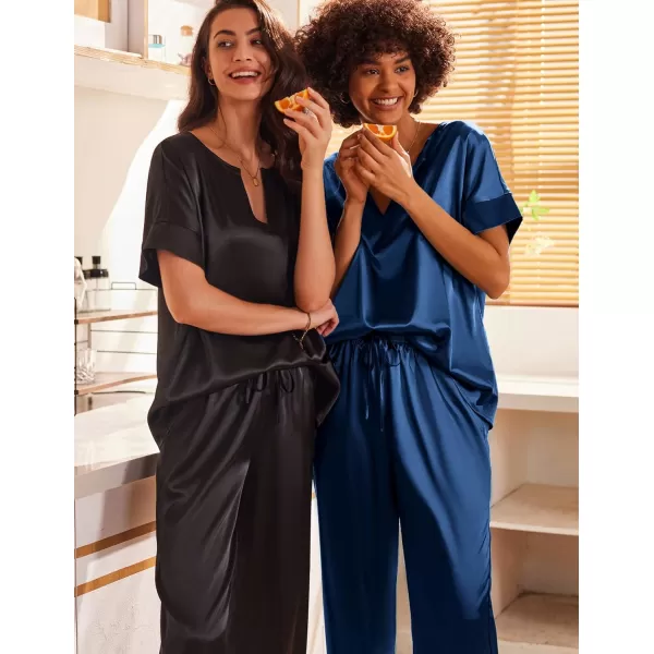 Ekouaer Satin Pajama Set Womens Silk Short Sleeve V Neck Shirt with Long Pant Soft Loungewear Pjs SetNavy Blue