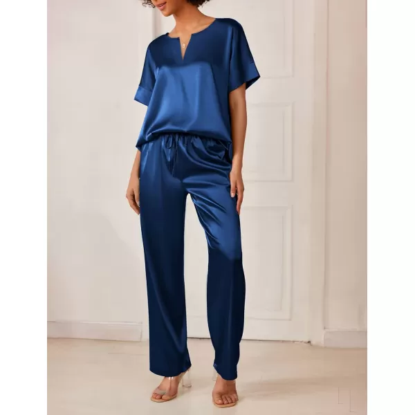 Ekouaer Satin Pajama Set Womens Silk Short Sleeve V Neck Shirt with Long Pant Soft Loungewear Pjs SetNavy Blue