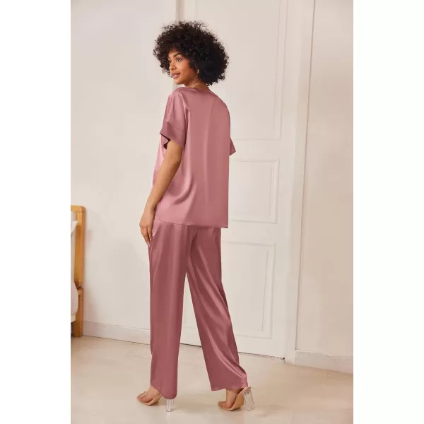 Ekouaer Satin Pajama Set Womens Silk Short Sleeve V Neck Shirt with Long Pant Soft Loungewear Pjs SetPurplish Red