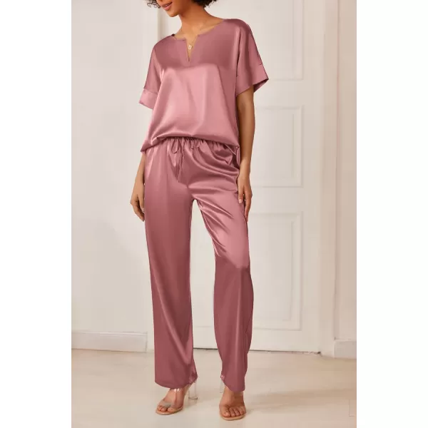 Ekouaer Satin Pajama Set Womens Silk Short Sleeve V Neck Shirt with Long Pant Soft Loungewear Pjs SetPurplish Red