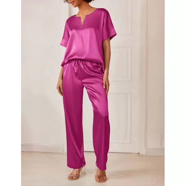 Ekouaer Satin Pajama Set Womens Silk Short Sleeve V Neck Shirt with Long Pant Soft Loungewear Pjs SetRose