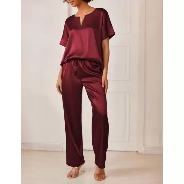 Ekouaer Satin Pajama Set Womens Silk Short Sleeve V Neck Shirt with Long Pant Soft Loungewear Pjs SetWine Red