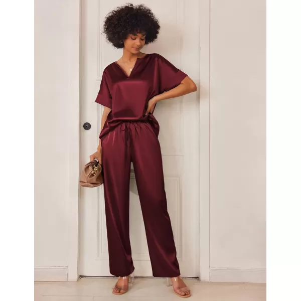 Ekouaer Satin Pajama Set Womens Silk Short Sleeve V Neck Shirt with Long Pant Soft Loungewear Pjs SetWine Red