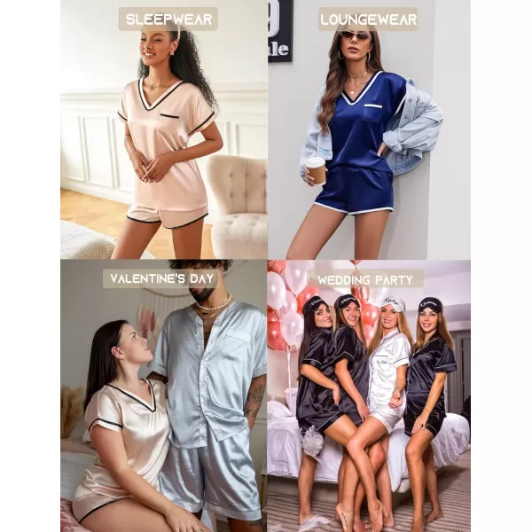 Ekouaer Satin Pajamas Set for Women Short Sleeve V Neck Tops with Pocket 2 Piece Pjs Silk SleepwearBlack