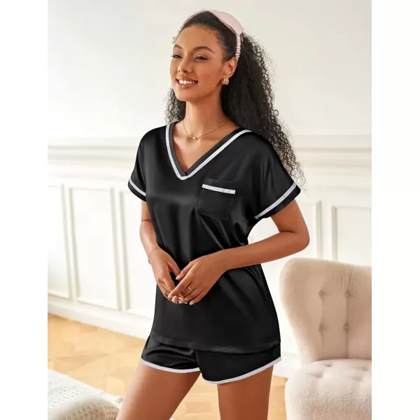 Ekouaer Satin Pajamas Set for Women Short Sleeve V Neck Tops with Pocket 2 Piece Pjs Silk SleepwearBlack