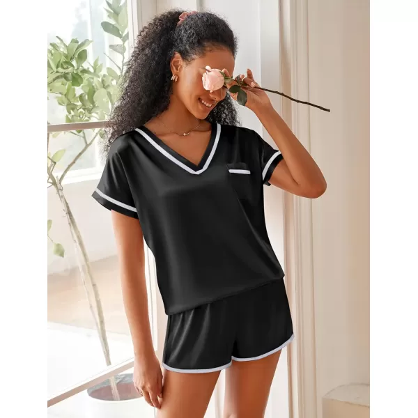 Ekouaer Satin Pajamas Set for Women Short Sleeve V Neck Tops with Pocket 2 Piece Pjs Silk SleepwearBlack