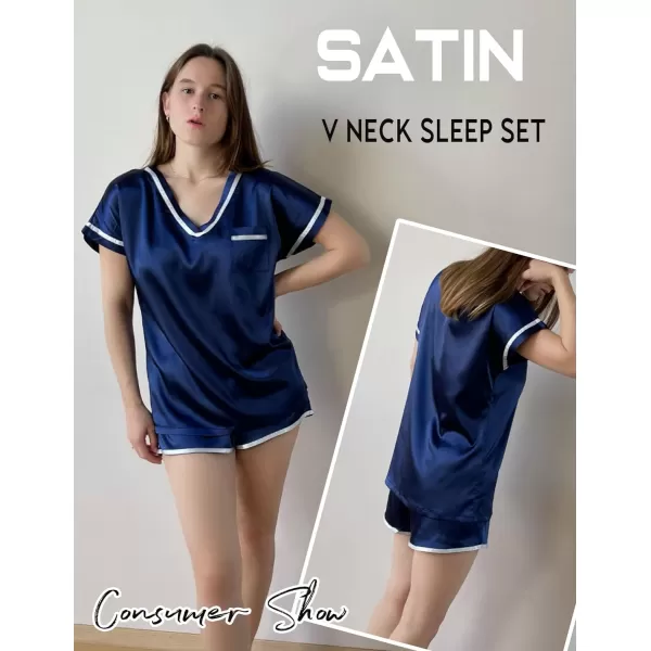 Ekouaer Satin Pajamas Set for Women Short Sleeve V Neck Tops with Pocket 2 Piece Pjs Silk SleepwearNavy Blue