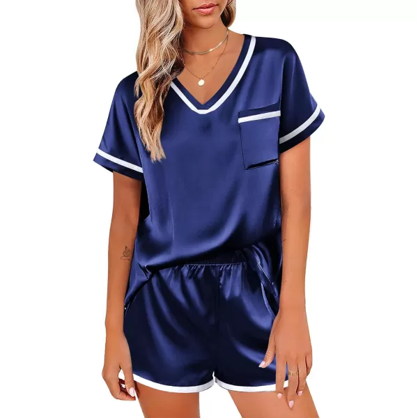 Ekouaer Satin Pajamas Set for Women Short Sleeve V Neck Tops with Pocket 2 Piece Pjs Silk SleepwearNavy Blue