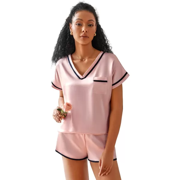 Ekouaer Satin Pajamas Set for Women Short Sleeve V Neck Tops with Pocket 2 Piece Pjs Silk SleepwearPink