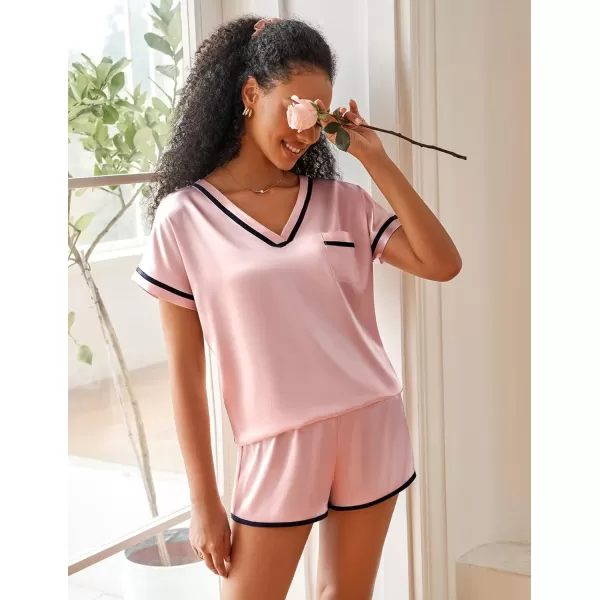 Ekouaer Satin Pajamas Set for Women Short Sleeve V Neck Tops with Pocket 2 Piece Pjs Silk SleepwearPink