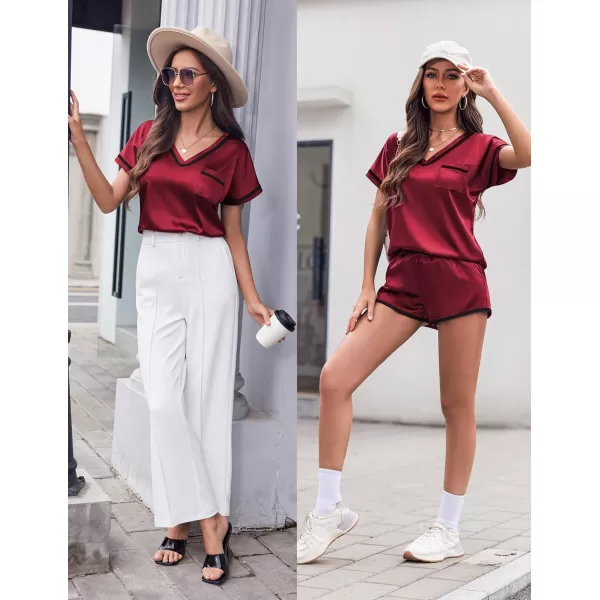 Ekouaer Satin Pajamas Set for Women Short Sleeve V Neck Tops with Pocket 2 Piece Pjs Silk SleepwearWine Red