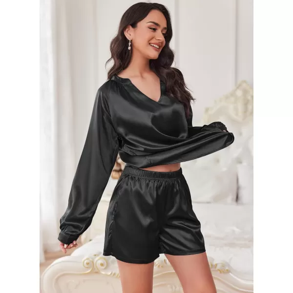 Ekouaer Satin Pajamas Set for Women V Neck Long Sleeve and Shorts 2 Piece Matching Lounge Set with PocketsBlack