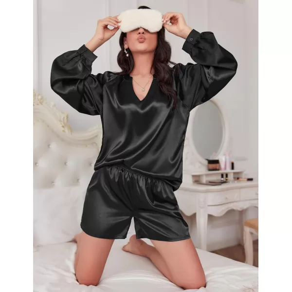 Ekouaer Satin Pajamas Set for Women V Neck Long Sleeve and Shorts 2 Piece Matching Lounge Set with PocketsBlack