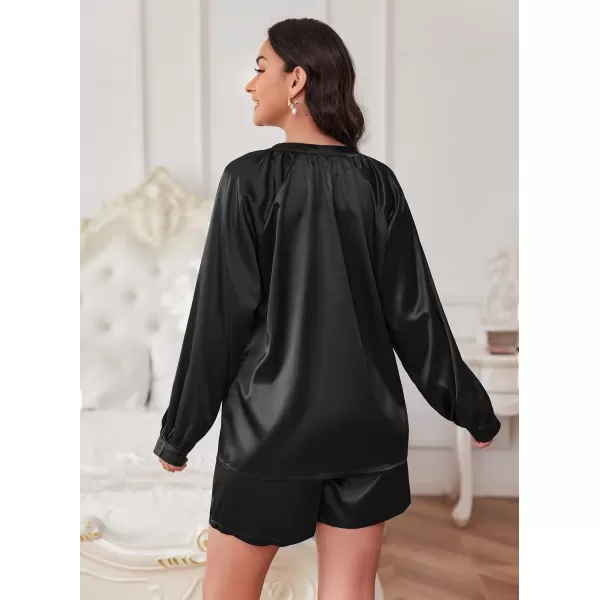 Ekouaer Satin Pajamas Set for Women V Neck Long Sleeve and Shorts 2 Piece Matching Lounge Set with PocketsBlack