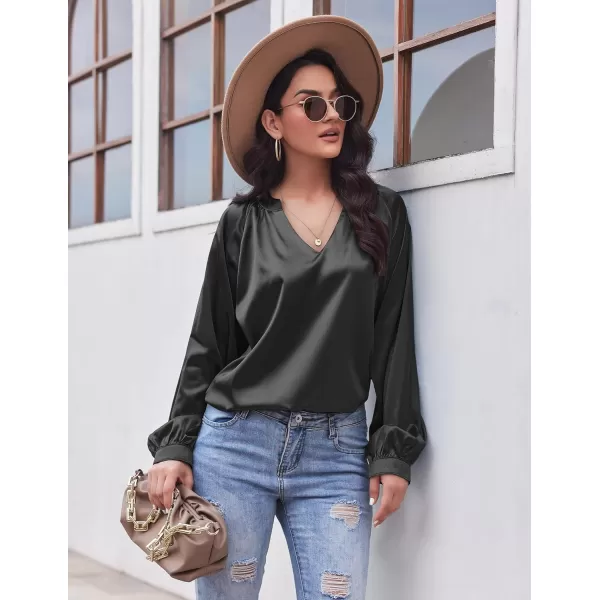 Ekouaer Satin Pajamas Set for Women V Neck Long Sleeve and Shorts 2 Piece Matching Lounge Set with PocketsBlack