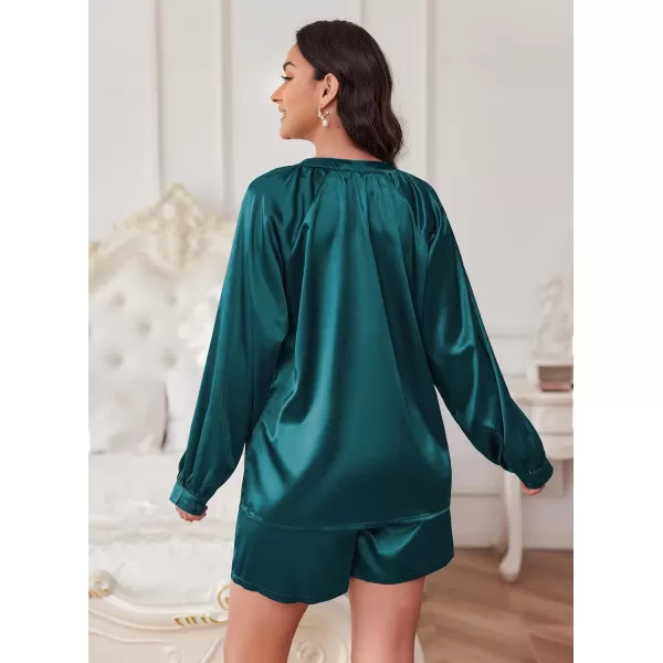 Ekouaer Satin Pajamas Set for Women V Neck Long Sleeve and Shorts 2 Piece Matching Lounge Set with PocketsBlue Green