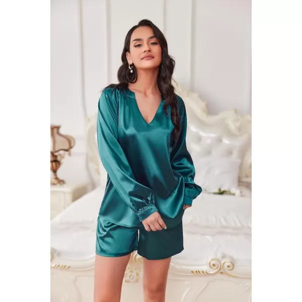 Ekouaer Satin Pajamas Set for Women V Neck Long Sleeve and Shorts 2 Piece Matching Lounge Set with PocketsBlue Green