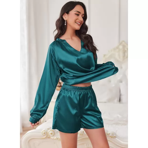 Ekouaer Satin Pajamas Set for Women V Neck Long Sleeve and Shorts 2 Piece Matching Lounge Set with PocketsBlue Green