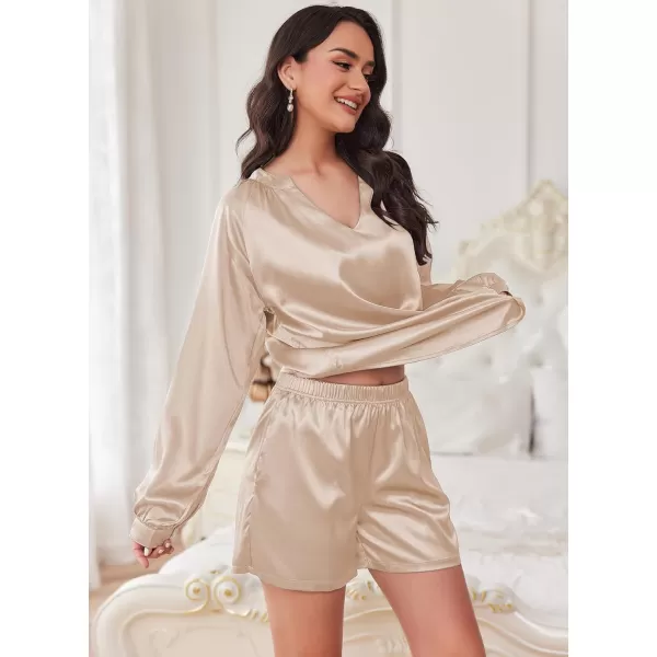 Ekouaer Satin Pajamas Set for Women V Neck Long Sleeve and Shorts 2 Piece Matching Lounge Set with PocketsChampagne