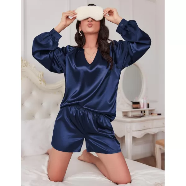 Ekouaer Satin Pajamas Set for Women V Neck Long Sleeve and Shorts 2 Piece Matching Lounge Set with PocketsNavy