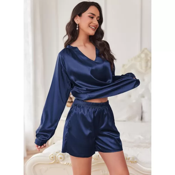 Ekouaer Satin Pajamas Set for Women V Neck Long Sleeve and Shorts 2 Piece Matching Lounge Set with PocketsNavy