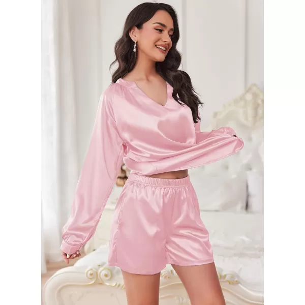 Ekouaer Satin Pajamas Set for Women V Neck Long Sleeve and Shorts 2 Piece Matching Lounge Set with PocketsPink