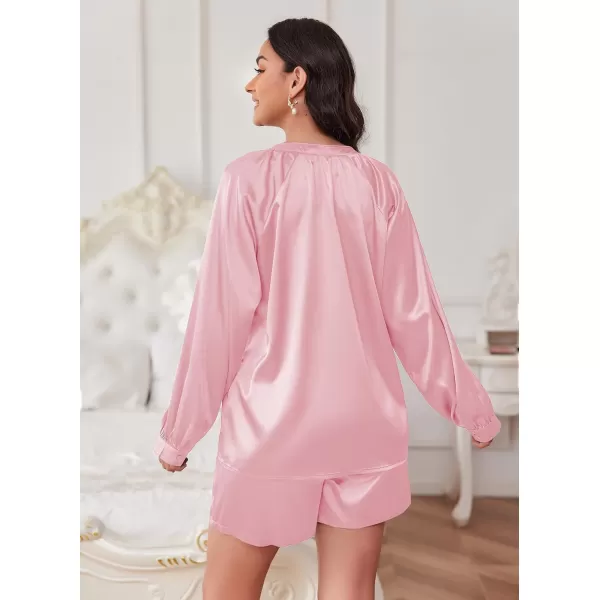 Ekouaer Satin Pajamas Set for Women V Neck Long Sleeve and Shorts 2 Piece Matching Lounge Set with PocketsPink