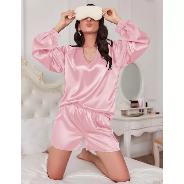 Ekouaer Satin Pajamas Set for Women V Neck Long Sleeve and Shorts 2 Piece Matching Lounge Set with PocketsPink