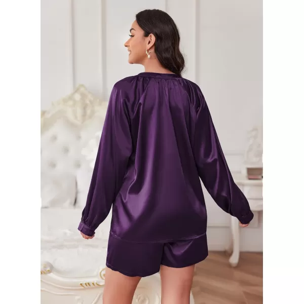 Ekouaer Satin Pajamas Set for Women V Neck Long Sleeve and Shorts 2 Piece Matching Lounge Set with PocketsPurple