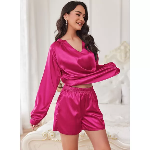 Ekouaer Satin Pajamas Set for Women V Neck Long Sleeve and Shorts 2 Piece Matching Lounge Set with PocketsRose Red