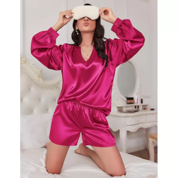 Ekouaer Satin Pajamas Set for Women V Neck Long Sleeve and Shorts 2 Piece Matching Lounge Set with PocketsRose Red