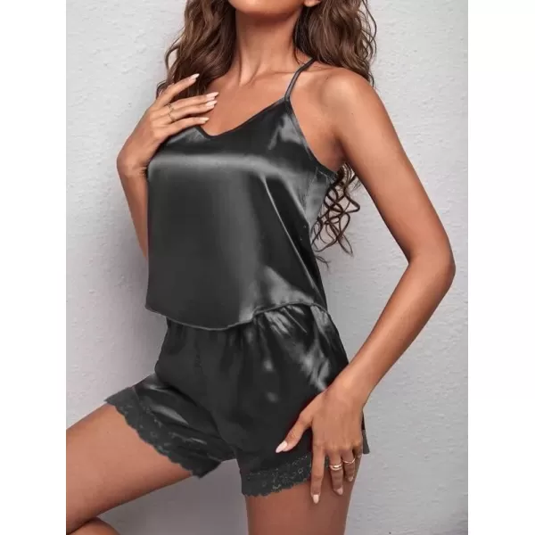Ekouaer Satin Pajamas Women Lace Sleepwear Lingerie Cami Shorts Set Nightwear XSXXLDark Grey