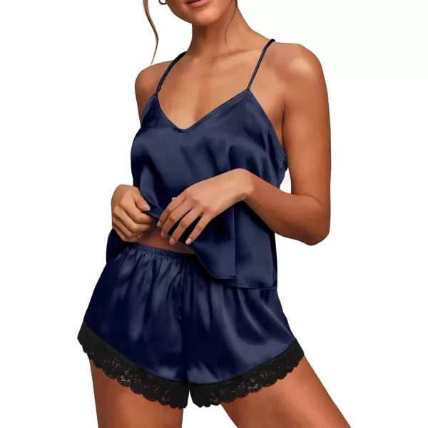 Ekouaer Satin Pajamas Women Lace Sleepwear Lingerie Cami Shorts Set Nightwear XSXXLNavy Blue