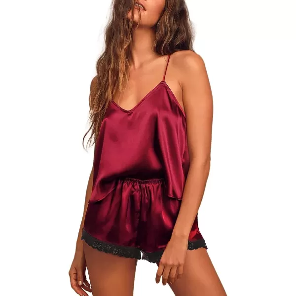 Ekouaer Satin Pajamas Women Lace Sleepwear Lingerie Cami Shorts Set Nightwear XSXXLWine Red