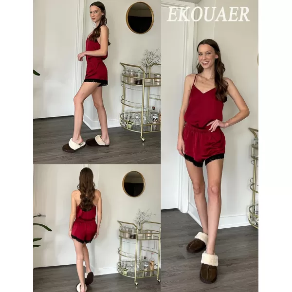 Ekouaer Satin Pajamas Women Lace Sleepwear Lingerie Cami Shorts Set Nightwear XSXXLWine Red