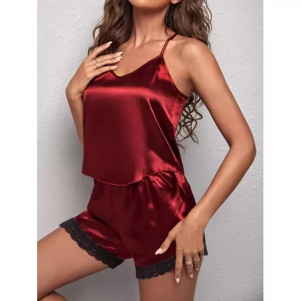Ekouaer Satin Pajamas Women Lace Sleepwear Lingerie Cami Shorts Set Nightwear XSXXLWine Red