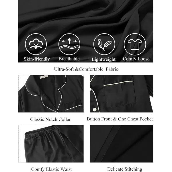 Ekouaer Satin Pajamas Womens Short Sleeve Sleepwear Soft Silk Button Down Loungewear Pjs Shorts Set SXXLBlack