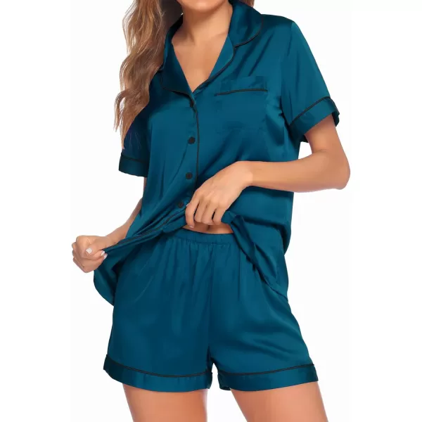 Ekouaer Satin Pajamas Womens Short Sleeve Sleepwear Soft Silk Button Down Loungewear Pjs Shorts Set SXXLBlue Green