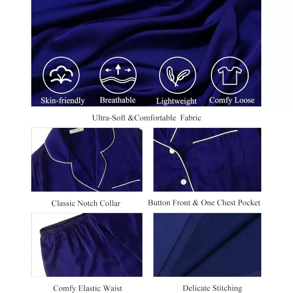 Ekouaer Satin Pajamas Womens Short Sleeve Sleepwear Soft Silk Button Down Loungewear Pjs Shorts Set SXXLNavy