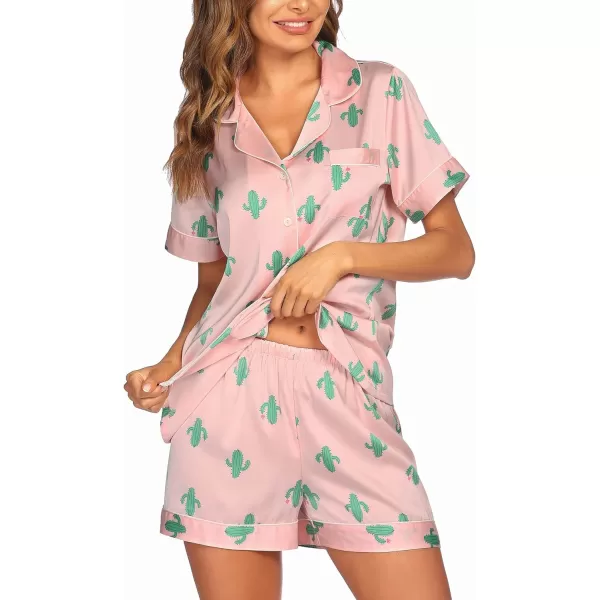 Ekouaer Satin Pajamas Womens Short Sleeve Sleepwear Soft Silk Button Down Loungewear Pjs Shorts Set SXXLPattern8