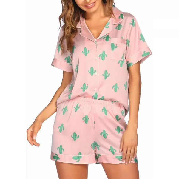 Ekouaer Satin Pajamas Womens Short Sleeve Sleepwear Soft Silk Button Down Loungewear Pjs Shorts Set SXXLPattern8