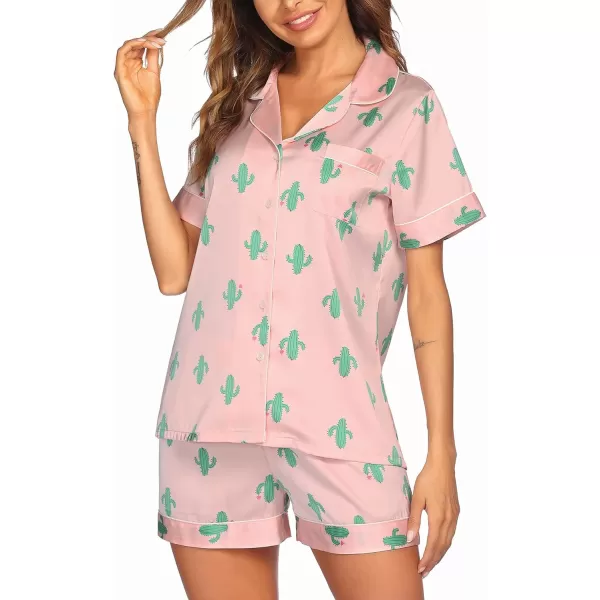 Ekouaer Satin Pajamas Womens Short Sleeve Sleepwear Soft Silk Button Down Loungewear Pjs Shorts Set SXXLPattern8