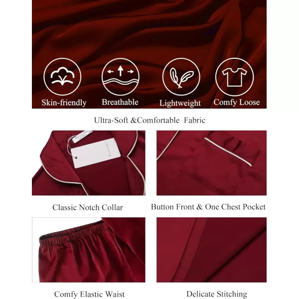 Ekouaer Satin Pajamas Womens Short Sleeve Sleepwear Soft Silk Button Down Loungewear Pjs Shorts Set SXXLWine