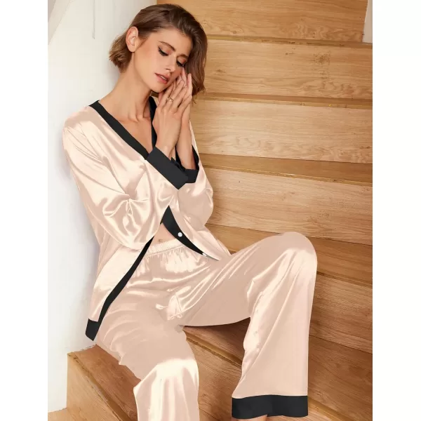 Ekouaer Satin Pajamas for Women Long Sleeve Pajamas Sets Soft Sleepwear Button Down Pj Set with PocketsSXXLChampagne