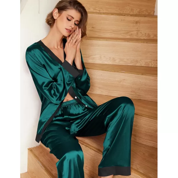 Ekouaer Satin Pajamas for Women Long Sleeve Pajamas Sets Soft Sleepwear Button Down Pj Set with PocketsSXXLDark Green