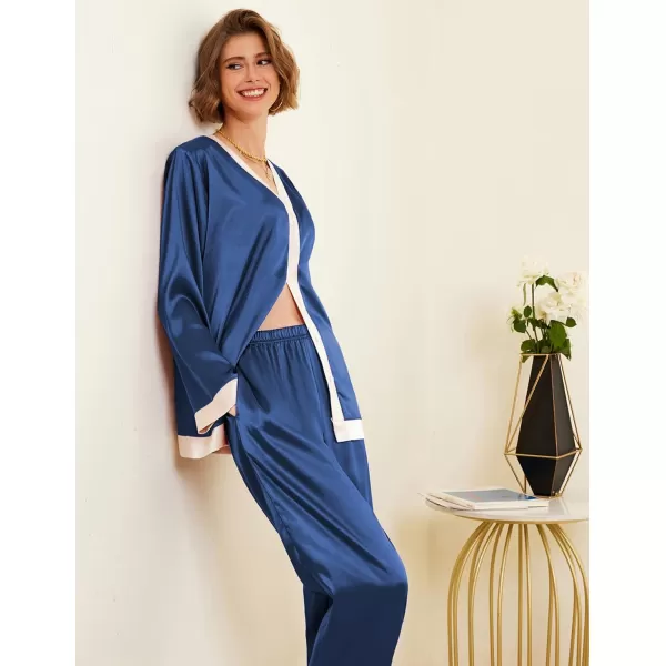 Ekouaer Satin Pajamas for Women Long Sleeve Pajamas Sets Soft Sleepwear Button Down Pj Set with PocketsSXXLNavy Blue