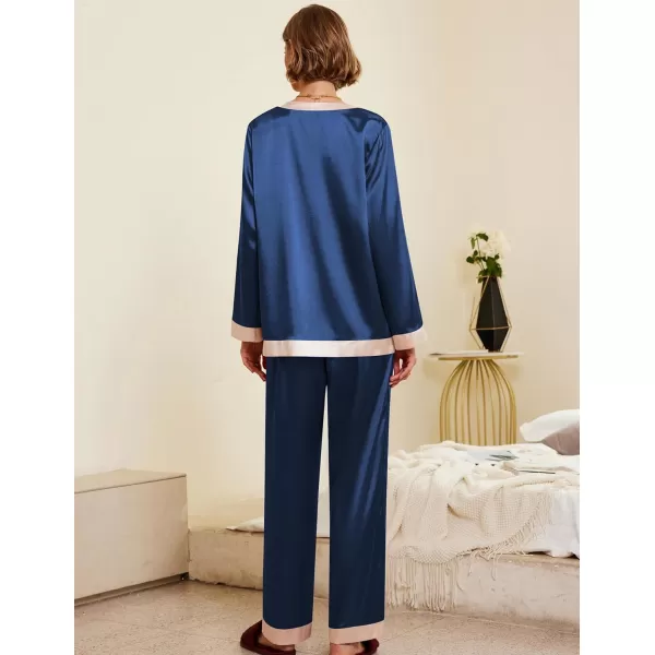 Ekouaer Satin Pajamas for Women Long Sleeve Pajamas Sets Soft Sleepwear Button Down Pj Set with PocketsSXXLNavy Blue