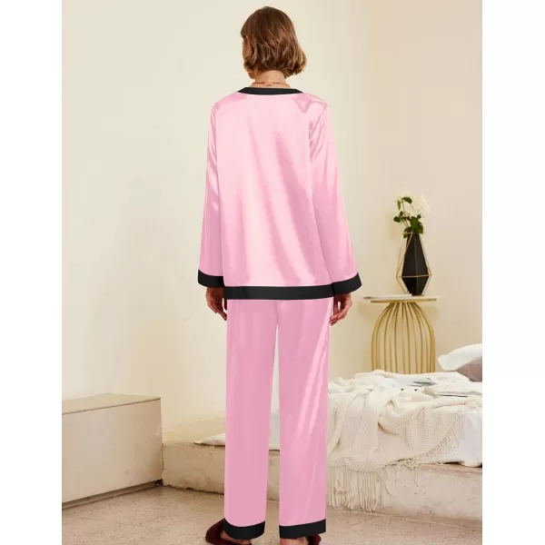 Ekouaer Satin Pajamas for Women Long Sleeve Pajamas Sets Soft Sleepwear Button Down Pj Set with PocketsSXXLPink